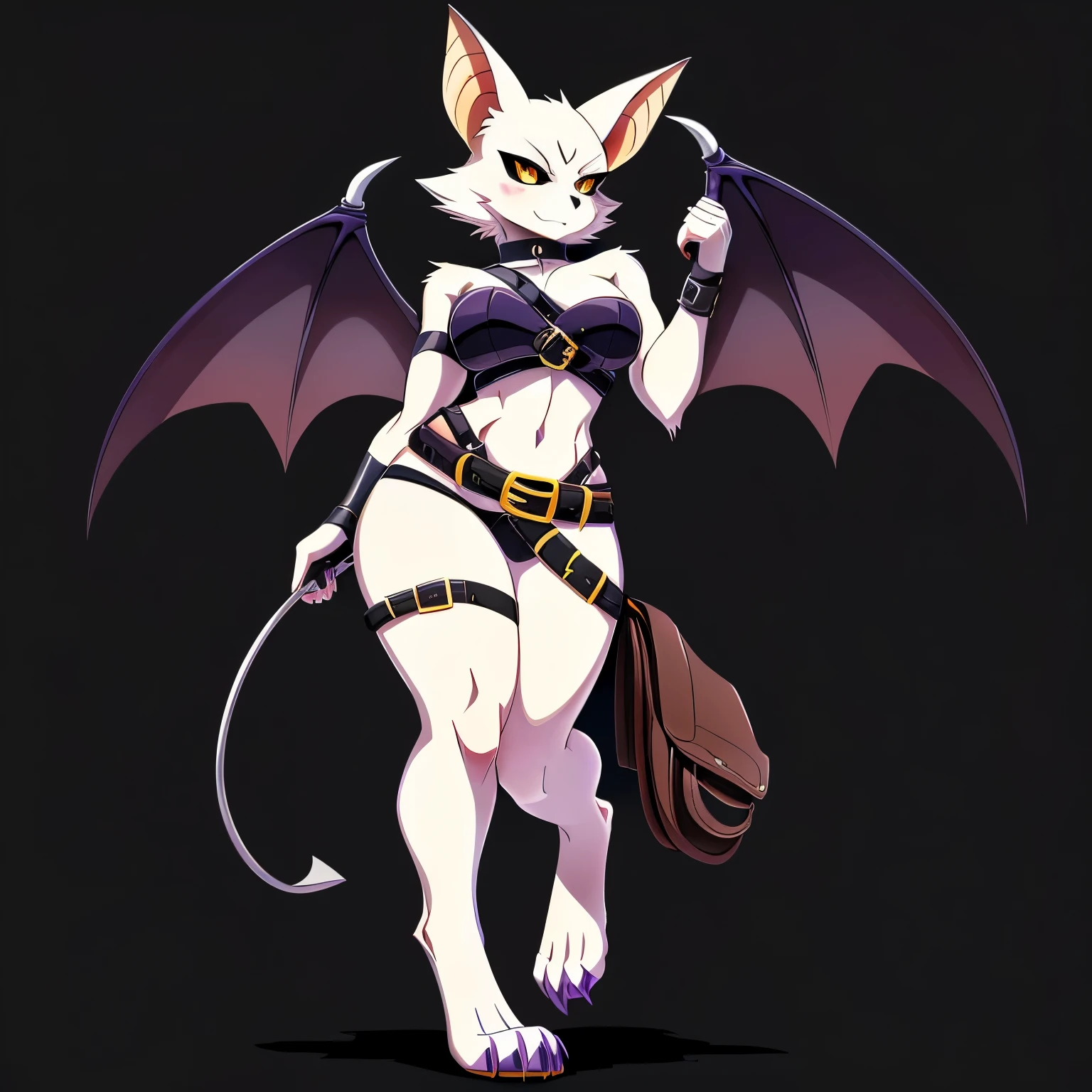 SFW version, anime, anime style, solo drawing, ((three-quarter view)), ((looking to the side)), full body picture, Anthro bat character, ((Tall figure)), ((buxom figure)), ((white skin)), clawed hands, ((clawed feet)), ((huge bat wings)), ((Purple Bat Wings)), ((white bat ears)), exposed belly, ((wearing belts on arms)), ((wearing belts around calves)), ((wearing many belts around thighs)), wearing black halter top, ((white face)), neutral expression, bright yellow eyes, ((digitigrade legs)), ((digitigrade feet)), solid black background, dark background, highly detailed anime style, clean lines, beautiful demoness, female demon, gorgeous demon girl, attractive bat girl, ((hourglass figure)), short muzzle, furry cheeks, furry muzzle