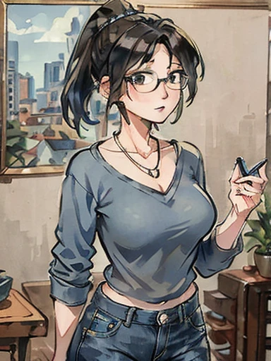 (Masterpiece: 1.0), Best quality, Aunt Cass Hamada from Big Hero 6, blue low-cut sweater, jeans, necklace, friendly expression, tall slender build, smaller breasts, grey hair in a ponytail, glasses, oil painting  