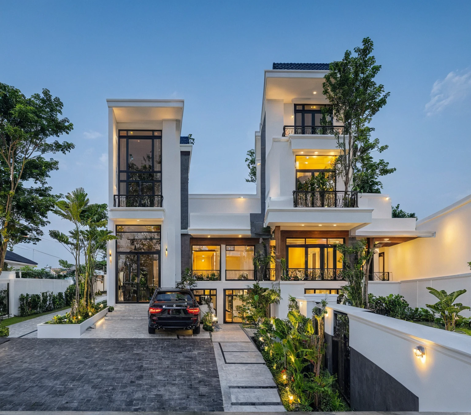 (masterpiece:1.2), best quality, photo of A two-story modern house in VietNam with white walls and dark tiles on the roof., tree and plant environment,daylight, streetcapes, natural light, vivid color, The exterior of an elegant single family home features large windows, a dark gray door frame.