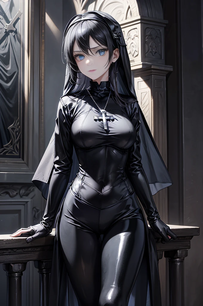 high resolution, masterpiece, high quality, anime, huge breasts,  <lora:SaintBarbara:1>, Hinata Hyuuga, long black hair, black latex bodysuit, body harness, nun habit, extremely glossy, hands on hips  <lora:Hinata[Shippuden]:.7>, black halo