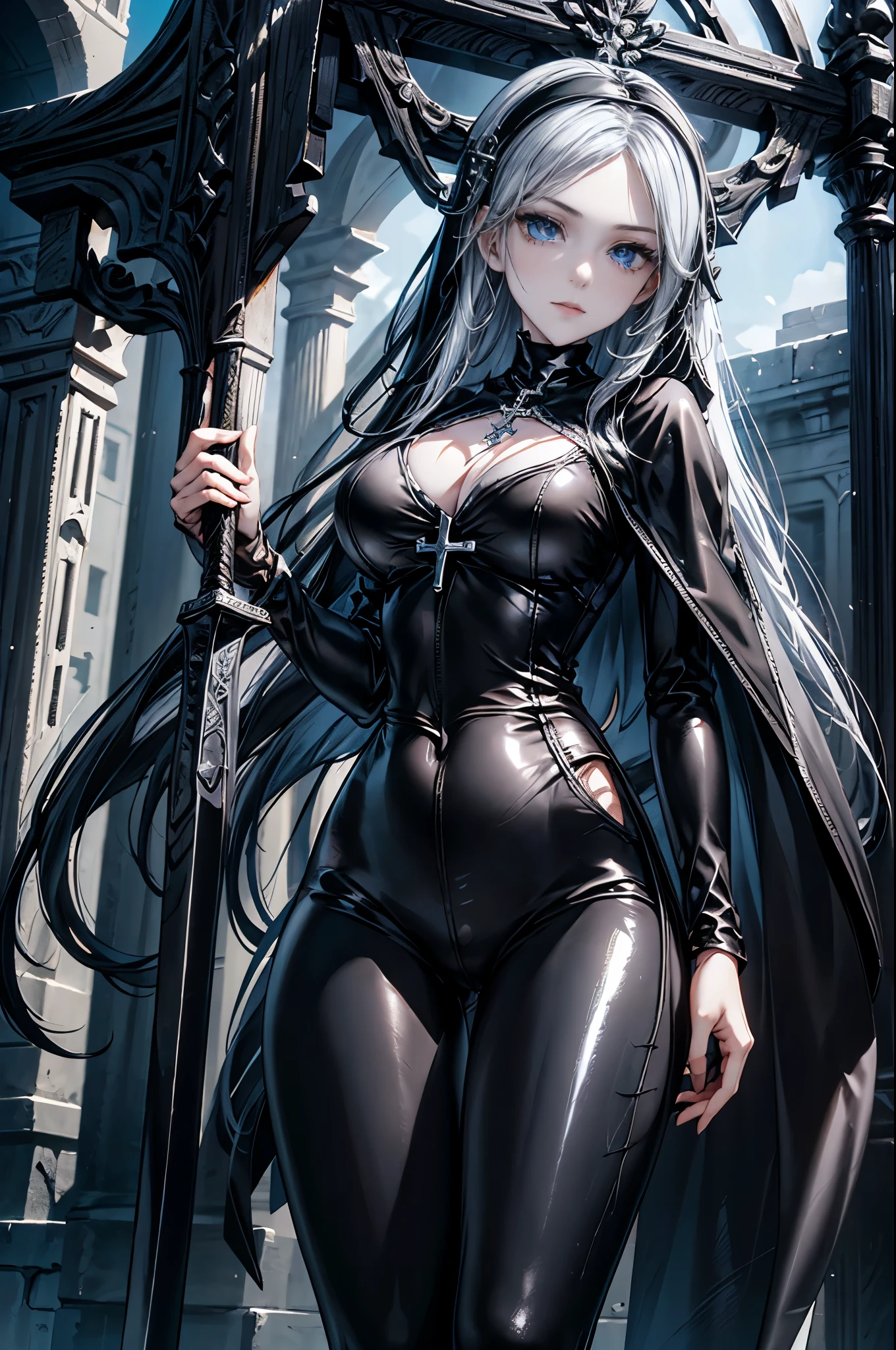 1girl, white hair, bangs, long hair, extremely long ahoge, slender body, pale skin, white skin, makeup, dark mascara, annoyed expression, handsome features, tall, skinny, full lips, wielding sword, ((erotic military attire)), black leather, white silk, gold highlights, flat chest, small breasts