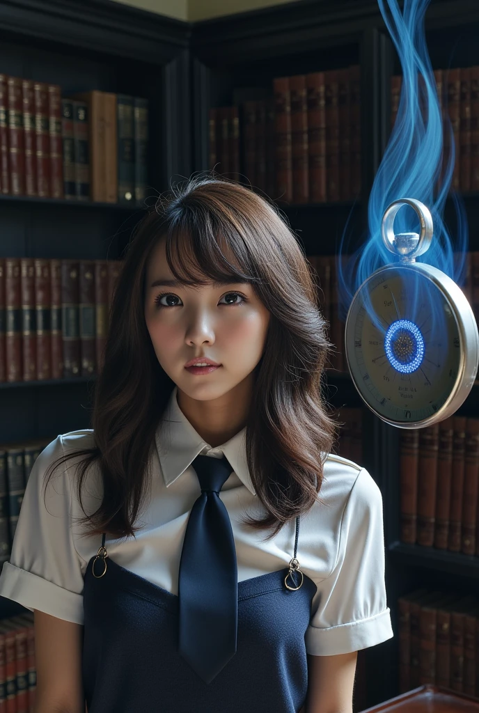 Beautiful japanese girl, wearing a self-defense officer uniform(White short-sleeved shirt and  navy blue tie and short sleeve and navy blue and pencil skirt), black patent high heels, she sitting in a classic study as the pocket watch hangs from just outside the frame, The pocket watch occupies 40% of the frame positioned in the center right slightly overlapping her face, Her gaze peels to the center of the pocket watch, The blue light spreads outward in multiple rippling arcs surrounding the pocket watch, The pocket watch is blurred, The scene has a mysterious hypnotic atmosphere with bookshelves and antique furniture in the background, sensual, enraptured, brown hair, bangs, floating hair, parted lips, unconscious, torogao, long hair, blurry foreground, cowboy shot, Surrealism, UHD, retina, masterpiece, accurate, anatomically correct, textured skin, super detail, high details, high quality, best quality, highres, 1080P, HD, 4K, 8k, 16k