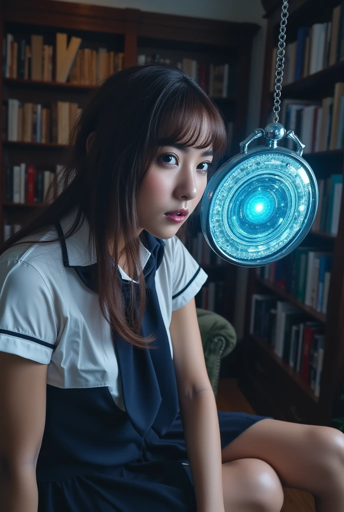 Beautiful japanese girl, wearing a self-defense officer uniform(White short-sleeved shirt and  navy blue tie and short sleeve and navy blue and pencil skirt), black patent high heels, she sitting in a classic study as the pocket watch hangs from just outside the frame, The pocket watch occupies 40% of the frame positioned in the center right slightly overlapping her face, Her gaze peels to the center of the pocket watch, The blue light spreads outward in multiple rippling arcs surrounding the pocket watch, The pocket watch is blurred, The scene has a mysterious hypnotic atmosphere with bookshelves and antique furniture in the background, sensual, enraptured, brown hair, bangs, floating hair, parted lips, unconscious, torogao, long hair, blurry foreground, cowboy shot, Surrealism, UHD, retina, masterpiece, accurate, anatomically correct, textured skin, super detail, high details, high quality, best quality, highres, 1080P, HD, 4K, 8k, 16k