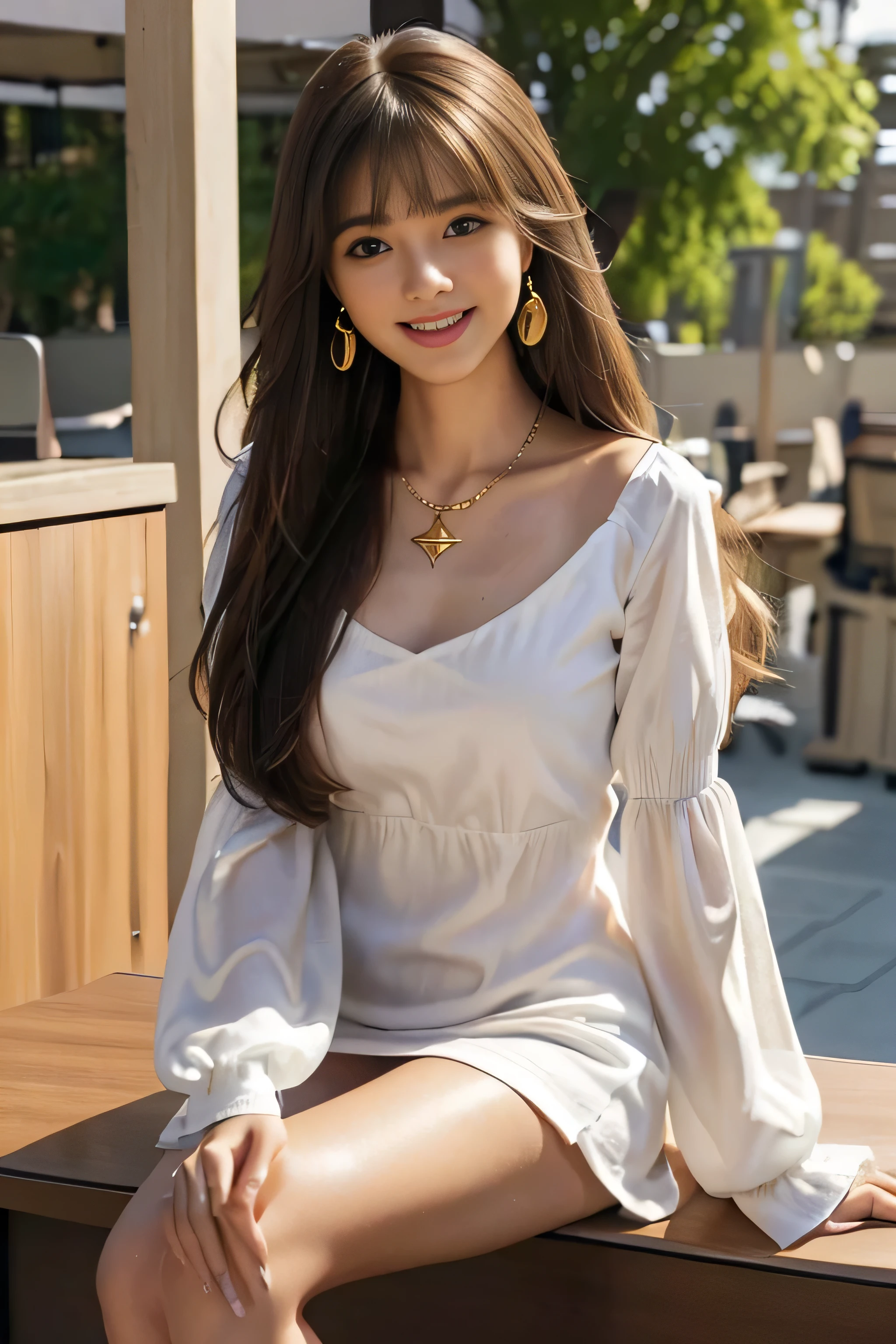 ((Beautiful girl:1.3)) Highest quality,masterpiece,Ultra-high resolution,(Realistic:1.4),RAW Photos,(Real skin texture:1.3),(Film Grain:1.3),Panorama,Portraits,Very wide shot,Tight waist,Cowboy Shot,(In the Dark, Deep Shadow, Modest, Cold Light,) night,(()),Tears flow,,Dust,Tyndall effect,(Performance),One person,Beautiful and detailed eyes and face,White Jabot,Brown eyes,((Brown Hair:1.2)) ((whole body:1.3)) ((smile:1.3))((Super long brown hair:1.2)),((Hair with loose waves inside:1.2)),((gold necklace_Large earrings:1.2)),((shy smile:1.3)),((mideum breasts:1.3)),((wearing navy mini dress_bottan up mini dress_long sleeves_with white collar_with white cuffs:1.3)),((full body portrait:1.4)),((Sits on a bar chair In a crowded café at dusk:1.3))((Place your left hand gently on your chin,right hand holding chest:1.3)),((Sitting elegantly with crossed legs:1.5))