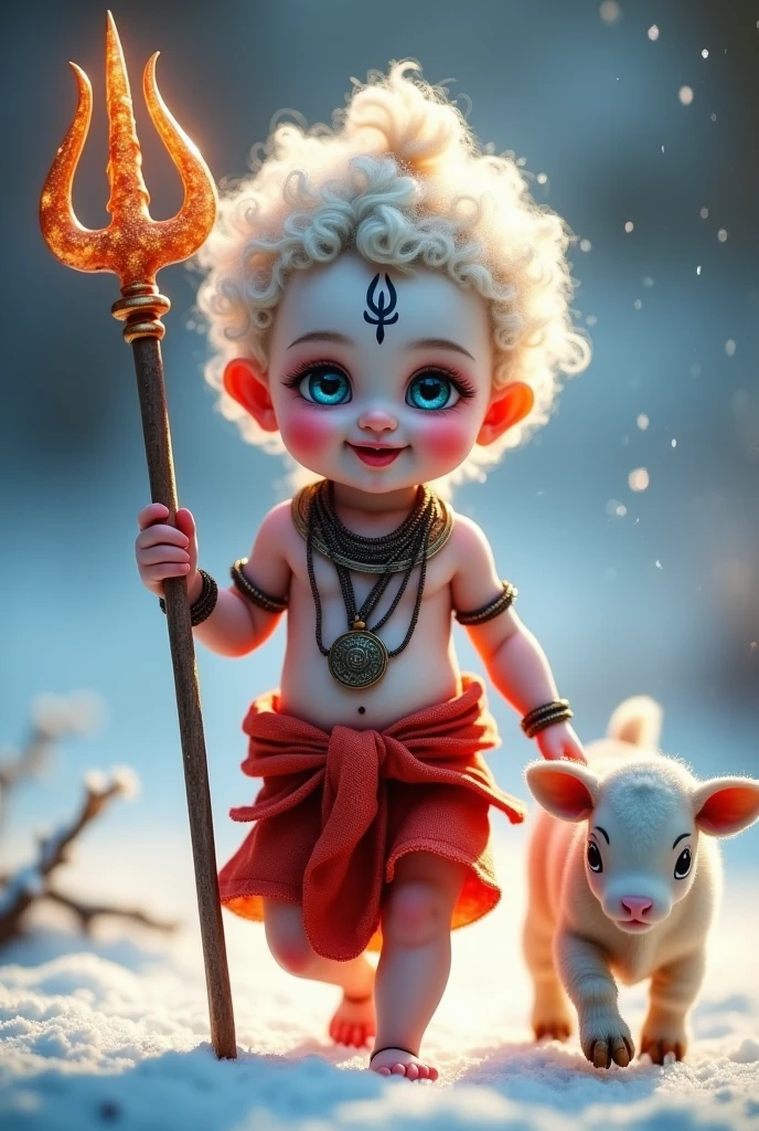 Stachu of lord ganesha in red colour in left hand trishul in add in background cow