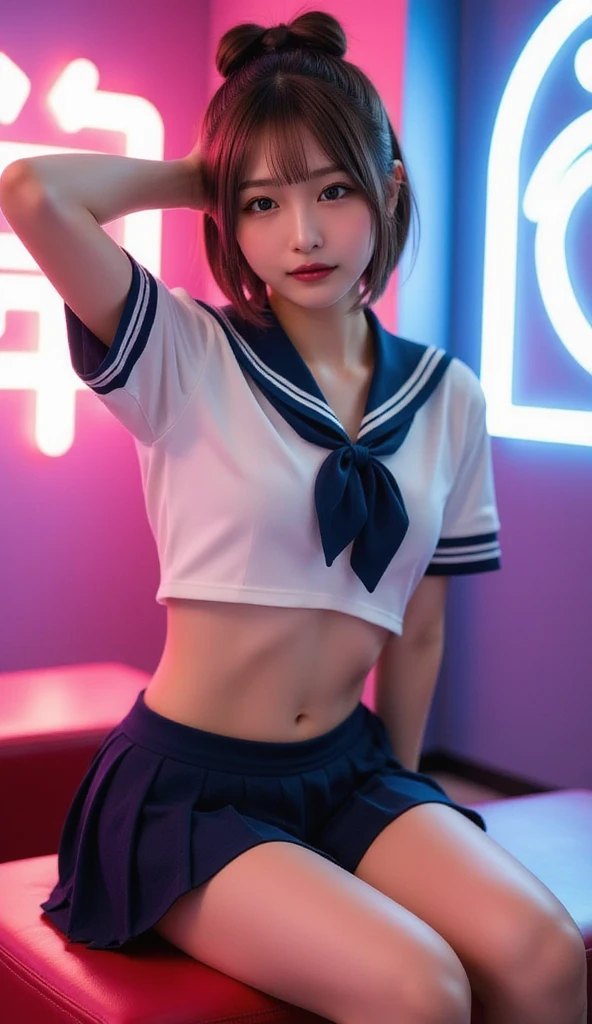 (8K, RAW photos, realistically:1.25) ,( Shiny lips, eyeslashes, gloss face, Skin glows, Best quality, Ultra-high sharpness, depth of fields, color difference, Caustics, Extensive illumination, naturalshadow, K-pop idol) Watch the audience’s goddess-like tranquility and happiness,High school classroom,a sailor suit,nabel,mini-skirts,chubbiness,Raised sexy,adolable
