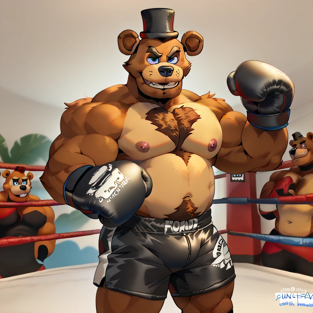 wrestling ring background, antropopomorphic , good anatomy, maduro, solo, (muscular, bíceps, musclegut), (Freddy Fazbear, brown fur, bear face), (black  boxing shorts, sombrero de copa negro, black boxing gloves) , (fighting pose) 