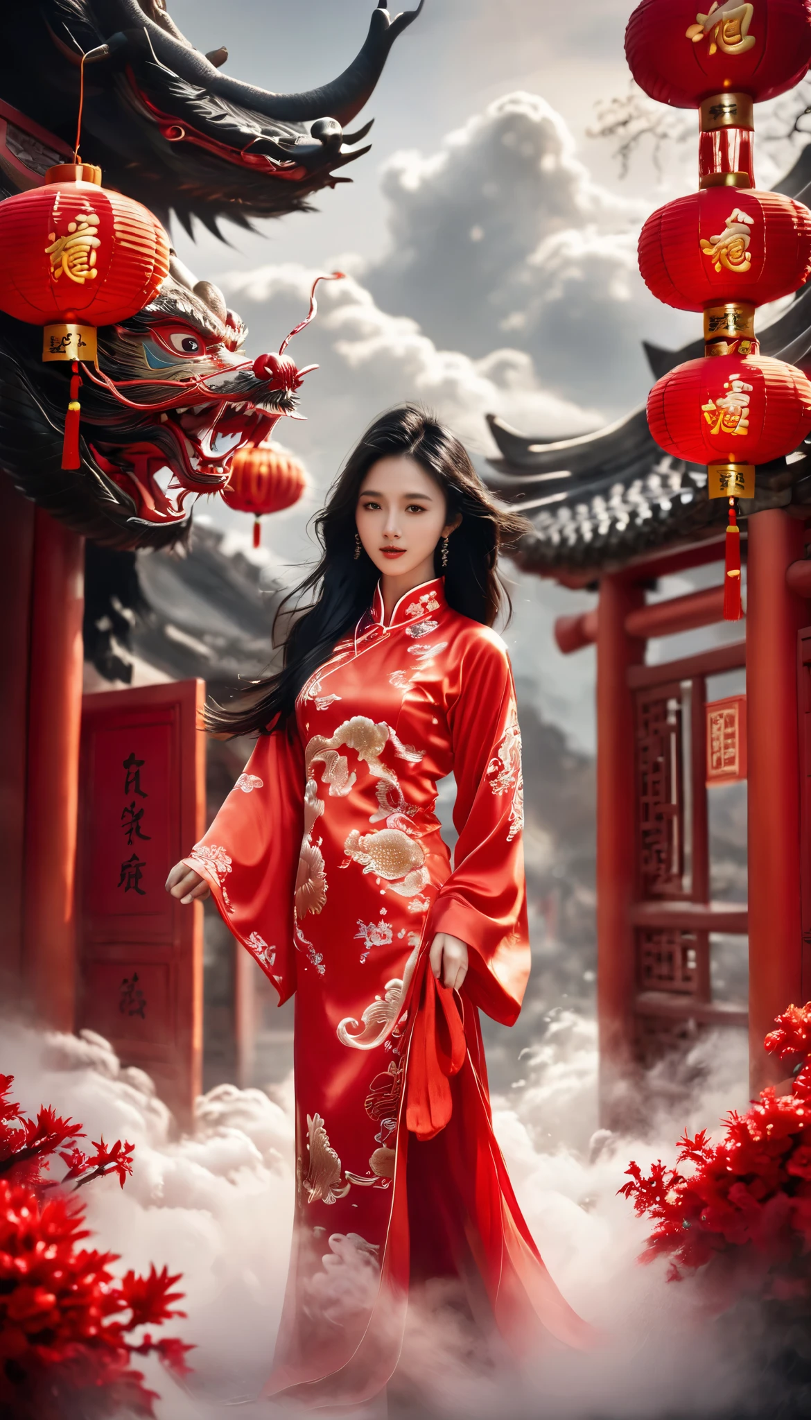 1 girl, alone, full body,wearing red long cheongsam traditional chinesse clothing long hair, chest, looking at the viewer, black hair, red skirt, closed mouth, Are standing, cloud, lips, cloudy, null, red dragon,Dragon CB with leon dancing with decoration chinesse new year,and red chinesse lentern and with red envelope chinesse (angpao) and give text 3D said "GONG XI FA CAI"