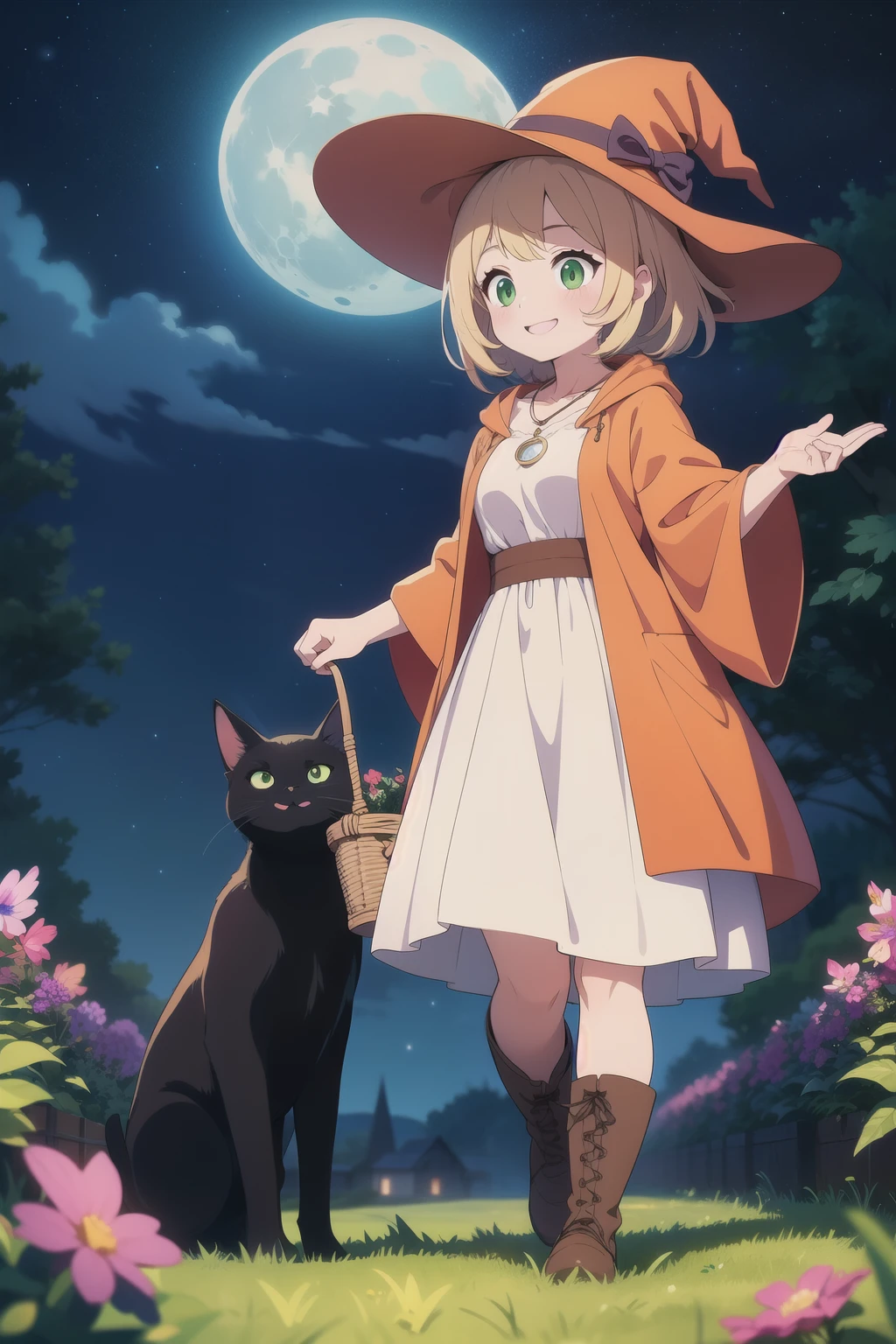 Best illustration, best quality, colorful witch around who carries a large basket containing various kinds of medicinal herbs, beige dress, orange cloak, dark brown long boots, green eyes, smile, Bluestone Pendant, night, starry sky, moon, buddy black cat, grassland, colorful flowers, extremely fine and beautiful colors, 8k resolution, amazing surprise, dynamic lighting like in movies, eye contact, highest resolution