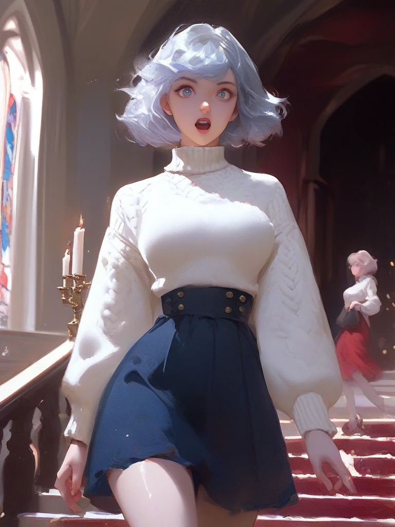 one young woman , 22 years old,  silver-blond hair so big that they reach the knees,  wearing a white sweater from the 1430 era ,  themed from the movie Scarlet Hill .  cartoon style oil painting . ela é uma  young woman ,  she is walking through the corridors of a palace ,  with a candle burning in the dark of the night ,  looking surprised to the side .  do like oil painting .  make her with her hair loose , wavy and blond . Make it so that it appears up to her waist