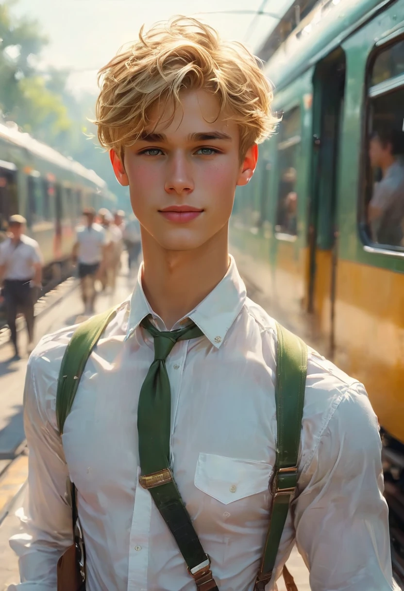 (a cute boy:1.1,posing nude:1.1,photorealistic:1.37), (best quality,4k,8k,highres,masterpiece:1.2), reaching to thecamera, giving you a bouquet, train conductor uniform, smiling blond boy, blond justin bieber hair fringe, long fringe, side ringe hair, ultra-detailed, realistic:1.37,backpack,gentle smile,, suspenders, ripped shirt, soaking wet shirt, professional, vivid colors, bokeh, sharp focus, physically-based rendering, young, slim, slender, -like, penis, studio lighting, lush greenery, playful expression, innocent eyes, freckles, soft skin, gentle sunlight, morning dew, subtle shadows, warm color palette
