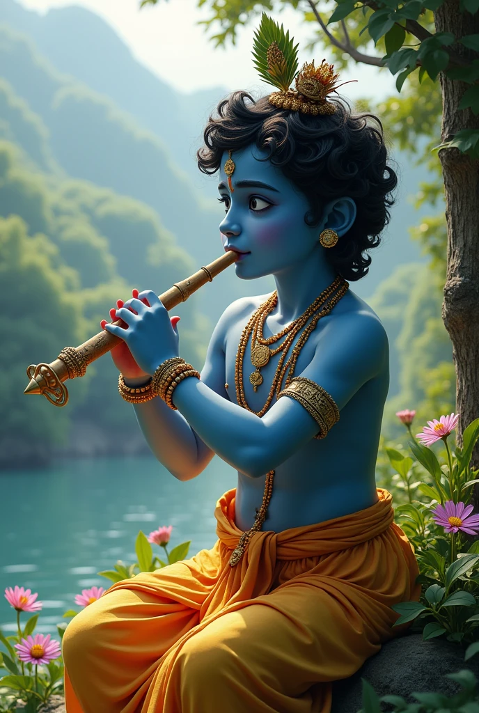 Create a lord krishna Playing in flute in water