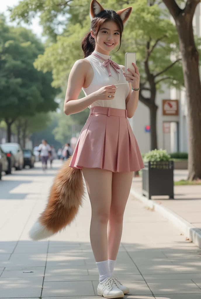 (( top quality, 8k)), ((masterpiece)), ( highest resolution), perfect face, woman with fox ears , A woman with a tail , Beauty , She's a college student , It was taken on the street, Only one tail, she has thick thighs , Her big fox tail , her fox tail is visible , She wags her tail, She wears a bow tie , she's wearing a dress, big hips, she has 1 tail growing on her butt , her fox tail is sticking out , Her tail is brown , smile , 四つん這い