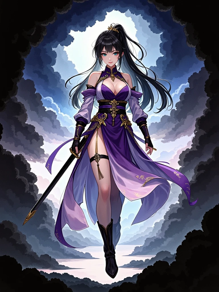 masterpiece, high quality, best quality, shaded, shadow, cinematic, epic,  1girl , Igawa Asagi, standing, holding sword, katana, Alone, fighting pose, full body, magic, aura, dynamic pose, looking at viewer, determined, long hair, hair between eyes, black hair, blue hair, green eyes, purple bodysuit, bare shoulders, elbow gloves, fishnets, fishnet legwear, high heel boots, large breasts, thighs, abstract background, black background高级， painting design 