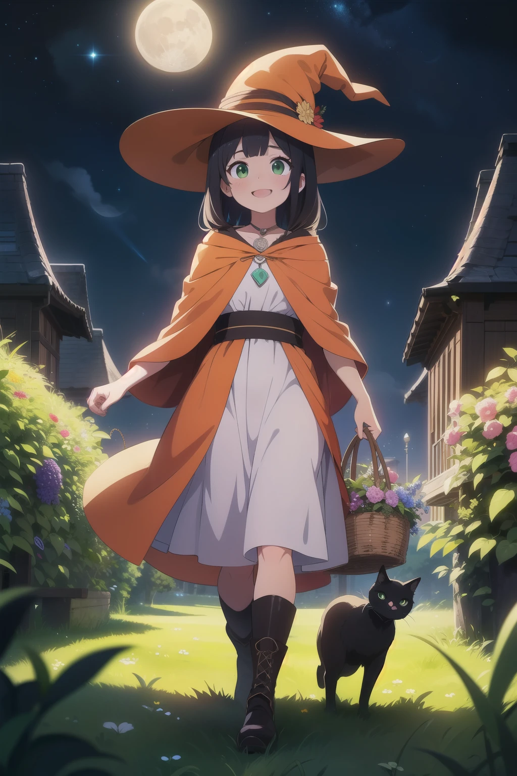 Best illustration, best quality, colorful witch around who carries a large basket containing various kinds of medicinal herbs, beige dress, orange cloak, dark brown long boots, green eyes, smile, Bluestone Pendant, night, starry sky, moon, buddy black cat, grassland, colorful flowers, extremely fine and beautiful colors, 8k resolution, amazing surprise, dynamic lighting like in movies, eye contact, highest resolution