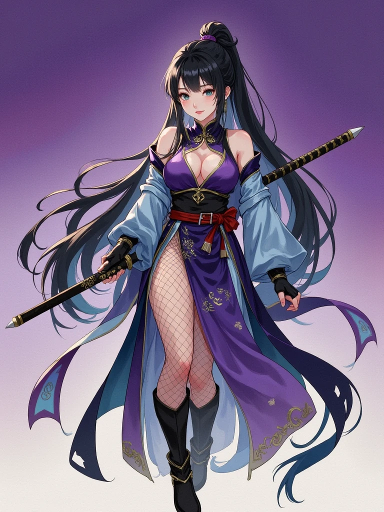 watercolor， large-scale smudging ，Gradient，illustration，illustration， solid color background ，cute， mature， Chinese style，gorgeous，grace，Full of creativity ，pride, masterpiece, high quality, best quality, shaded, shadow, cinematic, epic,  1girl , Igawa Asagi, standing, holding sword, katana, Alone, fighting pose, full body, magic, aura, dynamic pose, looking at viewer, determined, long hair, hair between eyes, black hair, blue hair, green eyes, purple bodysuit, bare shoulders, elbow gloves, fishnets, fishnet legwear, high heel boots, large breasts, thighs, abstract background, black background，Sexy，charming， overall color uniformity， art，advanced， painting design 