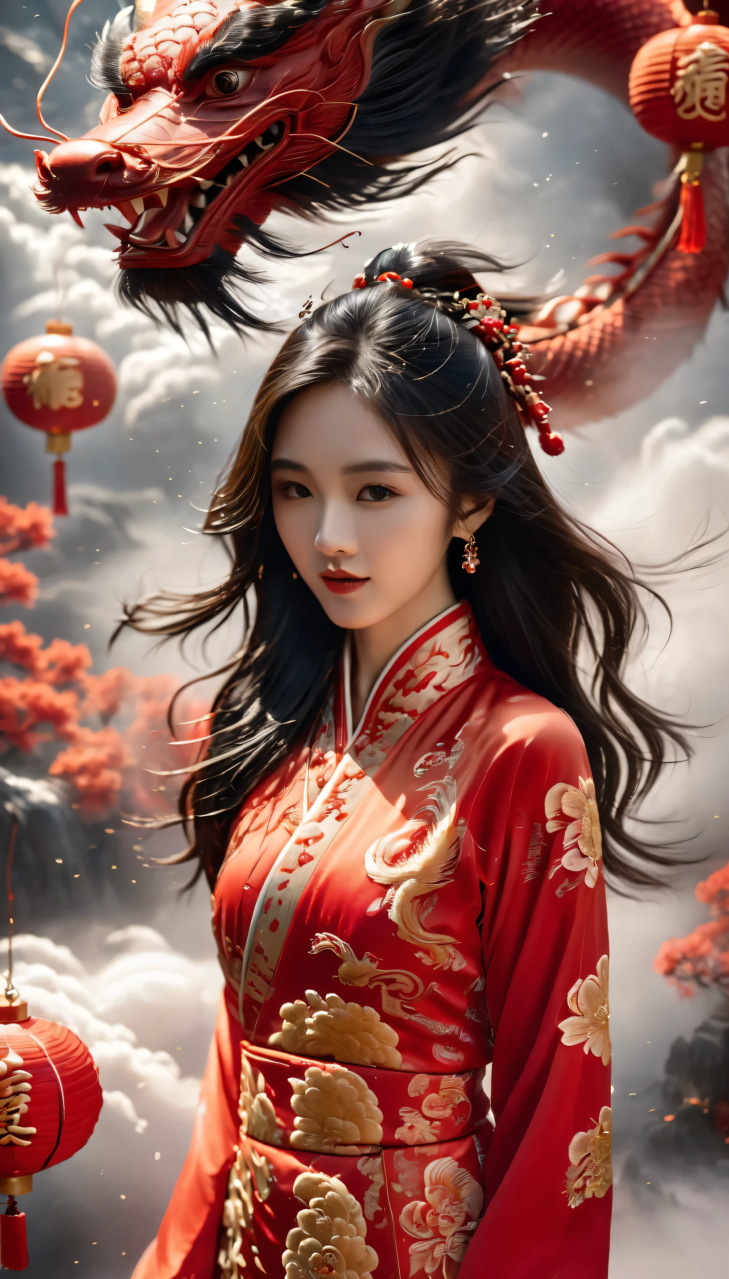 1 girl, alone, full body,wearing red long cheongsam traditional chinesse clothing long hair, chest, looking at the viewer, black hair, red skirt, closed mouth, Are standing, cloud, lips, cloudy, null, red dragon,Dragon CB with leon dancing with decoration chinesse new year,and red chinesse lentern and with red envelope chinesse (angpao) and give text 3D said "GONG XI FA CAI"