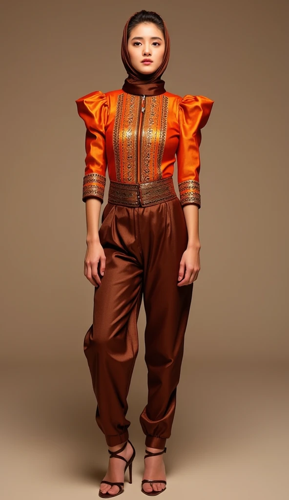 A skinny tall and striking woman exudes confidence and charm with a flirtatious expression. she is adorned in a stunning slimfit outfit featuring a orange leather satin foil fabric and deep brown handwork kameez paired with a matching patiala shalwar and matching hijab. The kameez showcases exaggerated puffy shoulders, adding a dramatic flair to her look, and the 3/4 sleeves offer an elegant touch. Her ensemble is completed with high heels, which accentuate her poised stance. The overall effect is booth sophisticated and alluring, perfect capturing her graceful and bold presence.