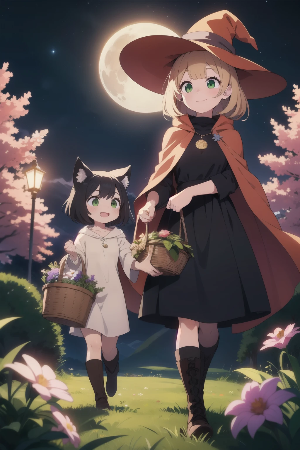 Best illustration, best quality, colorful witch around who carries a large basket containing various kinds of medicinal herbs, beige dress, orange cloak, dark brown long boots, green eyes, smile, Bluestone Pendant, night, starry sky, moon, buddy black cat, grassland, colorful flowers, extremely fine and beautiful colors, 8k resolution, amazing surprise, dynamic lighting like in movies, eye contact, highest resolution 