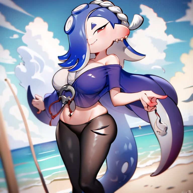 masterpiece, best quality, 1girl, solo, beach, bikini, (furry art, uploaded on e621:1.4), shark girl, grey skin, fins, breasts, furry, gills, snout, colored skin, sharp teeth, shark tail, white skin, fish tail, <lora:HouseChores:.5>, house chores, glasses, bob cut, black hair,