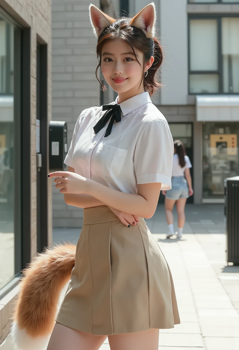 (( top quality, 8k)), ((masterpiece)), ( highest resolution), perfect face, woman with fox ears , A woman with a tail , Beauty , She's a college student , It was taken on the street, Only one tail, she has thick thighs , Her big fox tail , her fox tail is visible , She wags her tail, She wears a bow tie , she's wearing a dress, big hips, she has 1 tail growing on her butt , her fox tail is sticking out , Her tail is brown , smile , 四つん這い