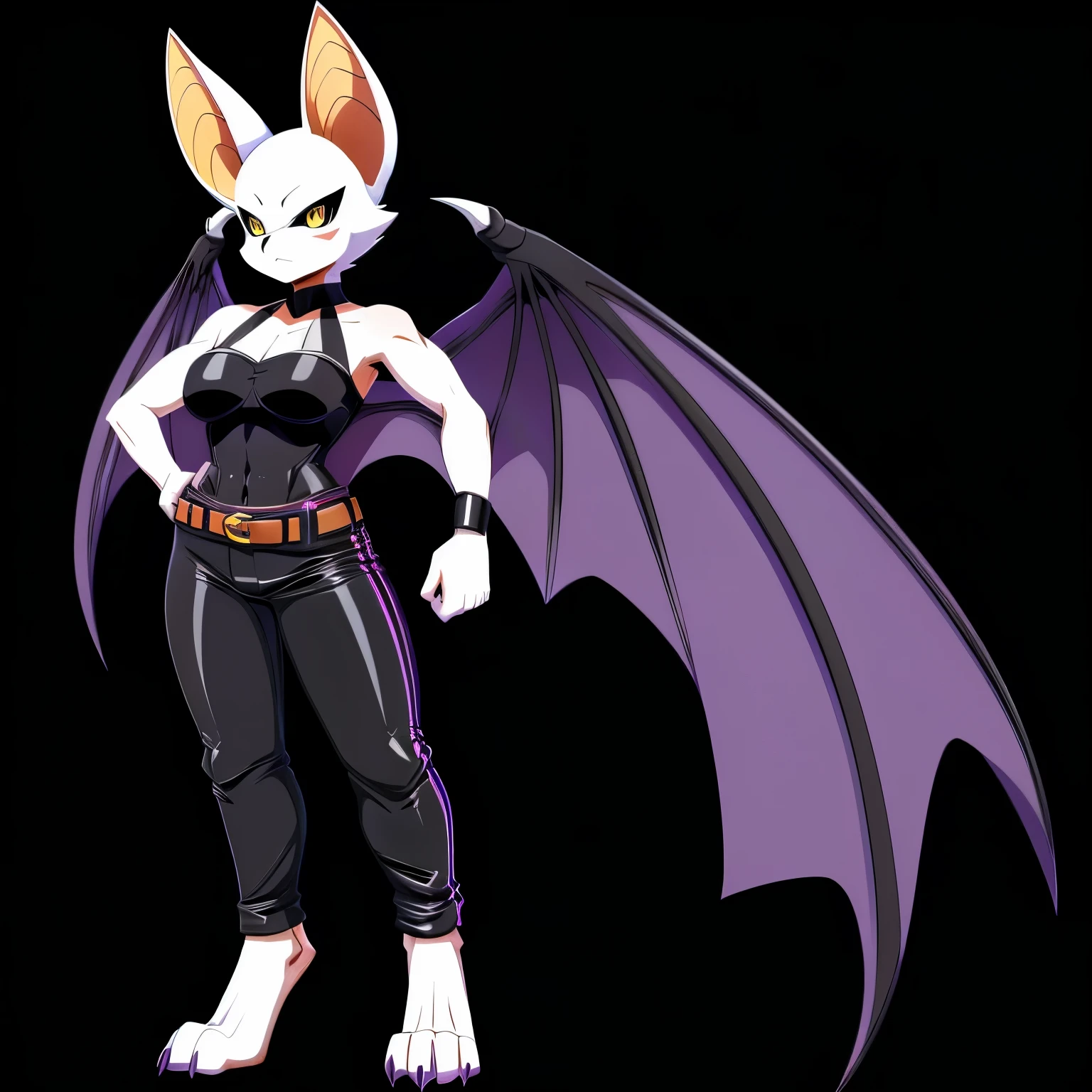 SFW version, anime, anime style, solo drawing, ((three-quarter view)), ((looking to the side)), full body picture, Anthro bat character, ((Tall figure)), ((buxom figure)), ((white skin)), clawed hands, ((clawed feet)), ((huge bat wings)), ((Purple Bat Wings)), ((white bat ears)), exposed belly, ((wearing belts on arms)), ((wearing loose black pants)), wearing black halter top, ((white face)), neutral expression, bright yellow eyes, ((digitigrade legs)), ((digitigrade feet)), solid black background, dark background, highly detailed anime style, clean lines, beautiful demoness, female demon, gorgeous demon girl, attractive bat girl, ((hourglass figure)), short muzzle, furry cheeks, furry muzzle