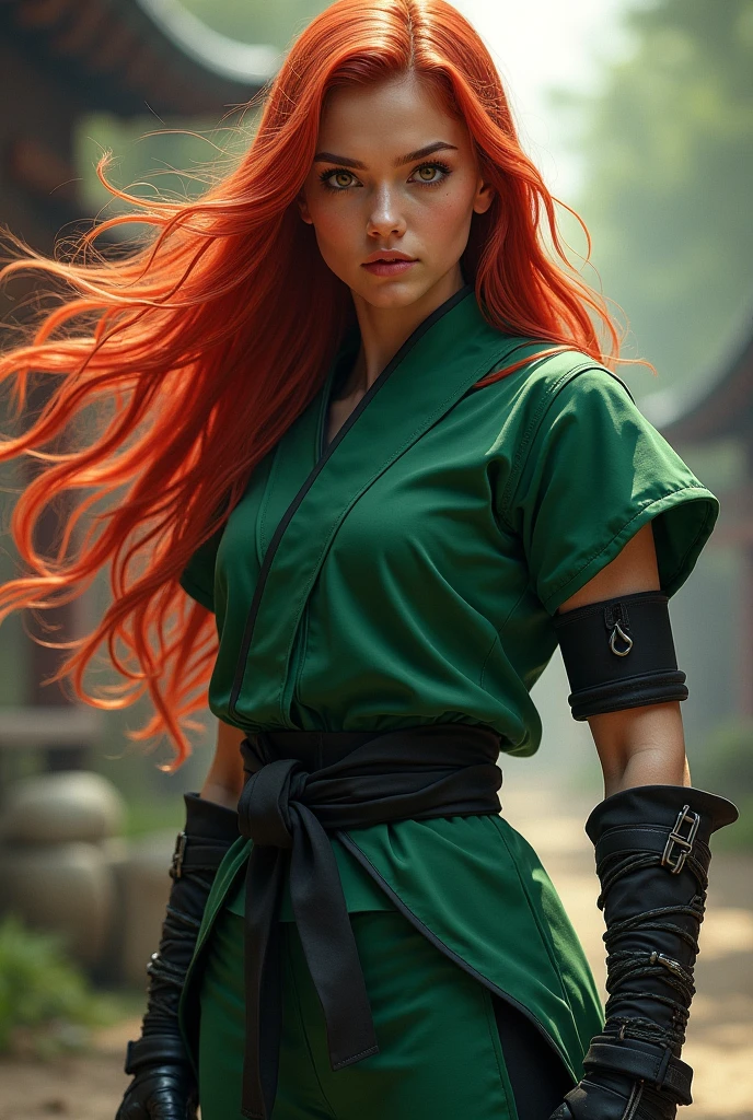 1 woman, inside a hand weapons room, wearing moss green ninja clothing, detailed facial features, feminine brown eyes, detailed light skin, long burgundy red hair, image showing full body, fully enclosed outfit, dramatic lighting, composition cinematic, cold palette, dark colors, atmospheric fog, strong body, thin chin, 35 years (best quality, 4K, 8K, high resolution, art: 1.2), ultra-detailed, (realistic, photorealistic, photorealistic: 1, 37)