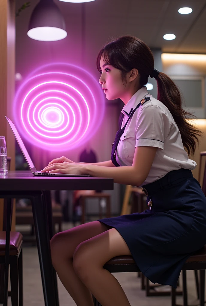 A beautiful Japanese woman in a self-defense officer uniform, wearing a white short-sleeve shirt, navy tie, navy pencil skirt, and black patent leather high heels, beautiful hip line, She is sitting in a stylish cafe, She's at the table working on her laptop, Laptop screen shows pink spiral light, thin light spirals around woman's body from head to foot, woman stares into monitor light and enters hypnotic state, half-open mouth, office room, full-length view, brown hair, floating hair, low ponytail, empty eyes, nervous, unconscious, horrified, depth of field, dutch angle, from below, UHD, retina, masterpiece, accurate, anatomically correct, textured skin, super detail, high details, high quality, best quality, highres, 1080P, HD, 4K, 8k, 16k