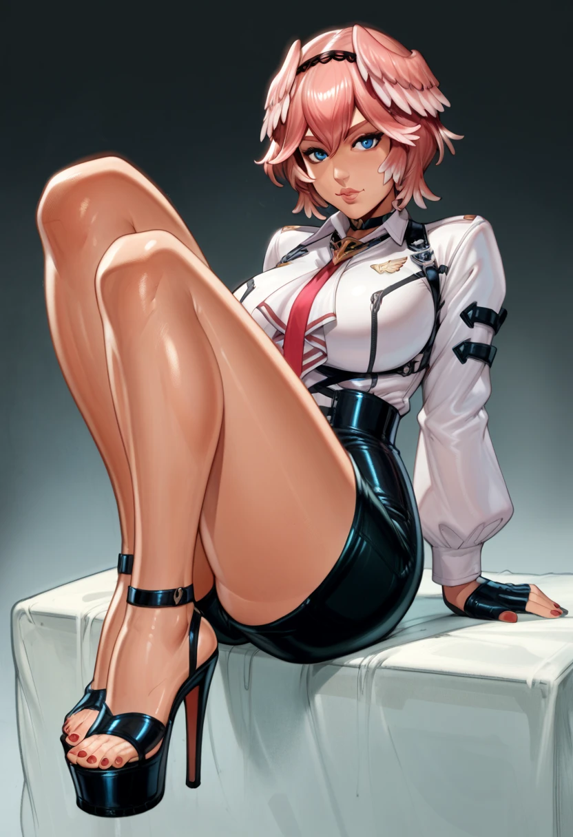 source_anime, score_9, score_8_up, score_7_up,
gradient background, full body, 
luiFirst,
pink hair, short hair, parted hair, double-parted bangs, hair between eyes, black hairband,
blue eyes, hair wings,
black choker, white shirt, chest harness, breast zipper, red necktie, white ascot, long sleeves, white shirt, black gloves, partially fingerless gloves, thigh strap, high-waist shorts, leather shorts, black shorts, wearing open toe platform heels, 
wide hips, thick thighs, large breasts,reiq,huge saggy breasts,perfect,perfect feet, ,dynamic angle,,solo,feet close up,foot pov,red nails