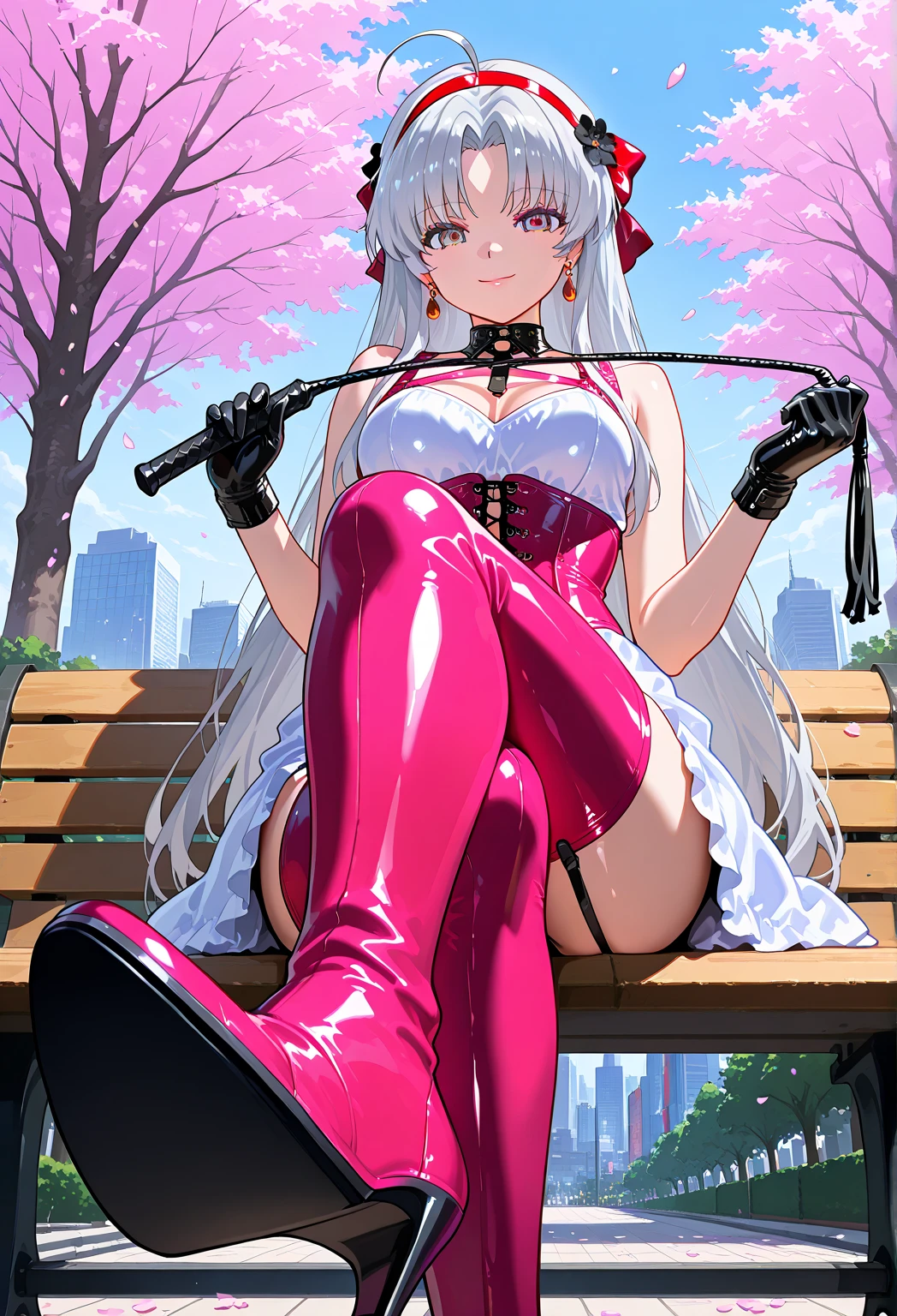 masterpiece,best quality,absurdres, amazing quality, shiny skin,
tokyo \(city\), park, cherry blossoms, falling petals, cowboy shot, smile, looking at viewer, sitting, park bench, on bench, crossed legs, 
carlottailvp, 1girl, long hair, dress, parted bangs, grey hair, gloves, black gloves, ahoge, white hair, white dress, jewelry, bow, earrings, blue eyes, hair bow, thighhighs, medium breasts, (black flowers hairband), very long hair, (red hairband), grey eyes, multicolored eyes, thigh boots, pink thighhighs, thighhighs under boots, high heel boots,((high heel soles)), dominatrix, bondage outfit, whip, holding whip, latex gloves, latex corset, latex panties