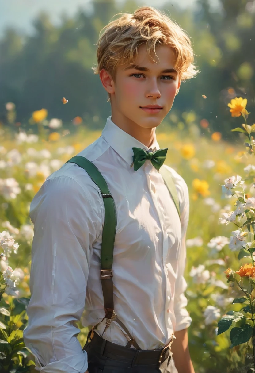 (a cute boy:1.1,posing nude:1.1,photorealistic:1.37), (best quality,4k,8k,highres,masterpiece:1.2), reaching to thecamera, giving you a bouquet, train conductor uniform, smiling blond boy, blond justin bieber hair fringe, long fringe, side ringe hair, ultra-detailed, realistic:1.37,backpack,gentle smile,, suspenders, ripped shirt, soaking wet shirt, professional, vivid colors, bokeh, sharp focus, physically-based rendering, young, slim, slender, -like, penis, studio lighting, lush greenery, playful expression, innocent eyes, freckles, soft skin, gentle sunlight, morning dew, subtle shadows, warm color palette
