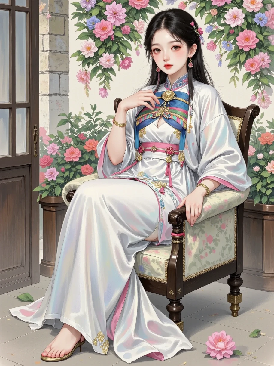 Healing illustrations， The girl wearing headphones and listening to music ，Dressed in a long white dress ， is lying half in a chair and closing her eyes and pretending to be in her own courtyard， with flowers and plants hanging on the wall ，The scene should be wide ，White Space