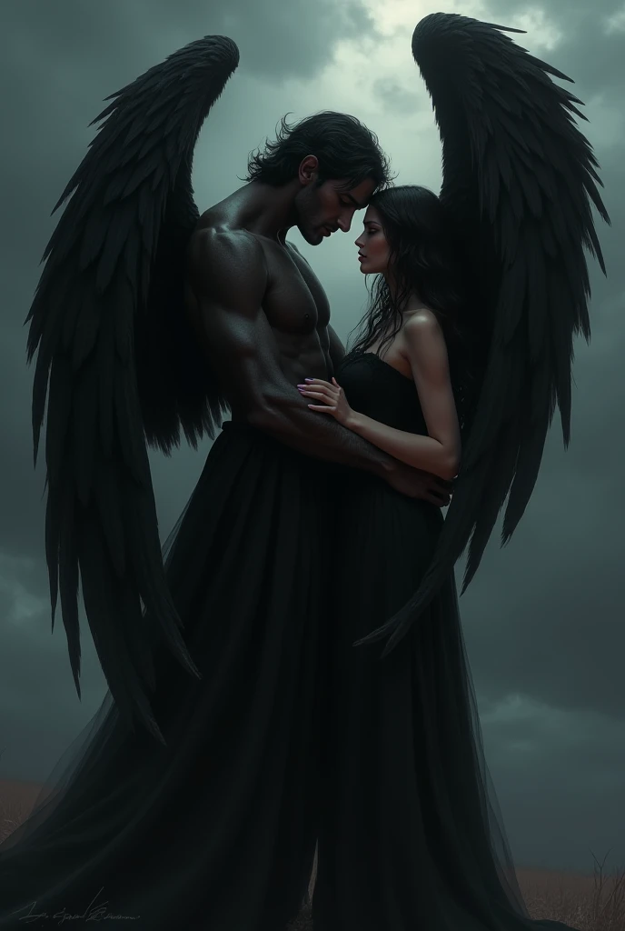 Je veux que tu me fasses une photo pour une darkromance, 18 year old warrior angel and celestial nymph, (((avec des ailes))), the boy is dark skin with curly hair, the girl is darkksin with long curly hair, visage aux traits fins, Colorful eyes, (((very beautiful))), visages parfait, ils sont des ennemis, ils veulent s'entretuer, dans le ciel, heavenly palaces, celestial war.