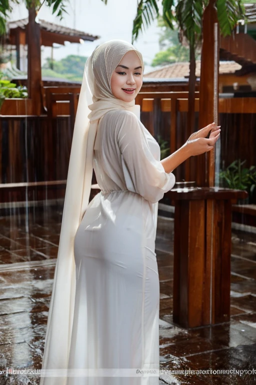 Hijab, 63-year-old mother, very skinny body, big breasts playing in very deep flood water, white lace, The ass is standing