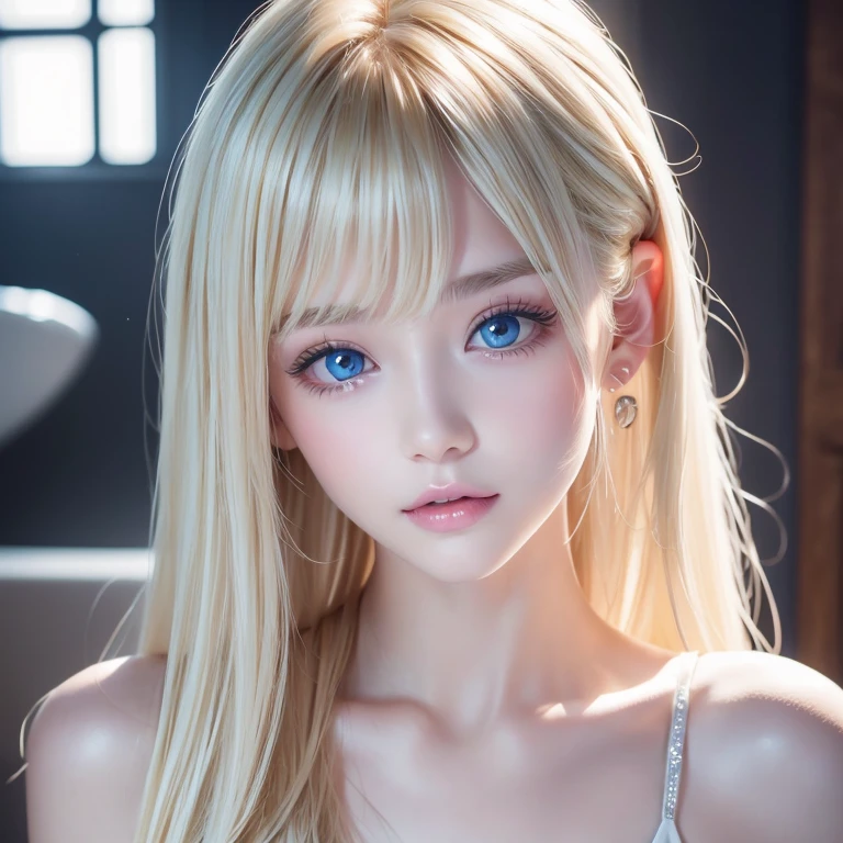 tmasterpiece,Best quality,ultra - detailed,8K,detailedlight,detailed shadow,raw, (delicate skin),(actual:1.2),1 russian girl,the face,Blonde hair,Long gray hair, Green-eyed,