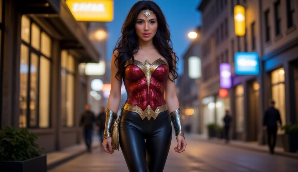 Full body photo of Wonderwoman, she has long black hair, she wears high heel boots, tight black leather pants that highlight her athletic body with a small waist, round hips and big ass. She is on a night street in New York, in the background there are neon lights, she is softly illuminated by yellow and blue, she is walking with her back turned but looks at the camera