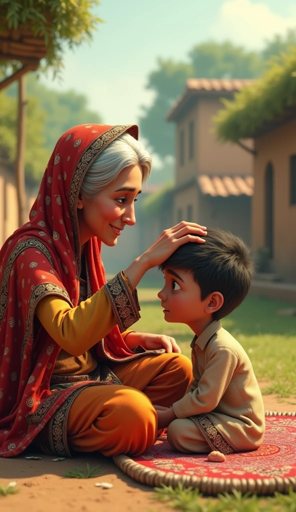 Make an anima a boy set in front of mom speaks with his mom when his mom is sick in india.
