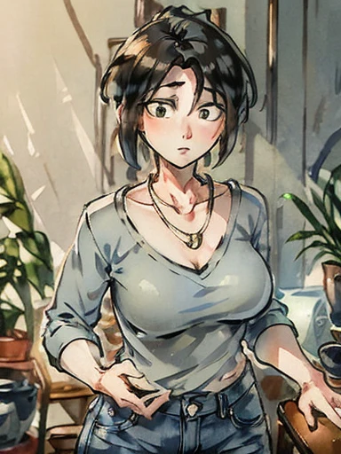 (Masterpiece: 1.0), Best quality, Aunt Cass Hamada from Big Hero 6, mature, 35 years old, blue low-cut sweater, jeans, necklace, friendly expression, tall slender build, smaller breasts, grey hair in a ponytail, oil painting  