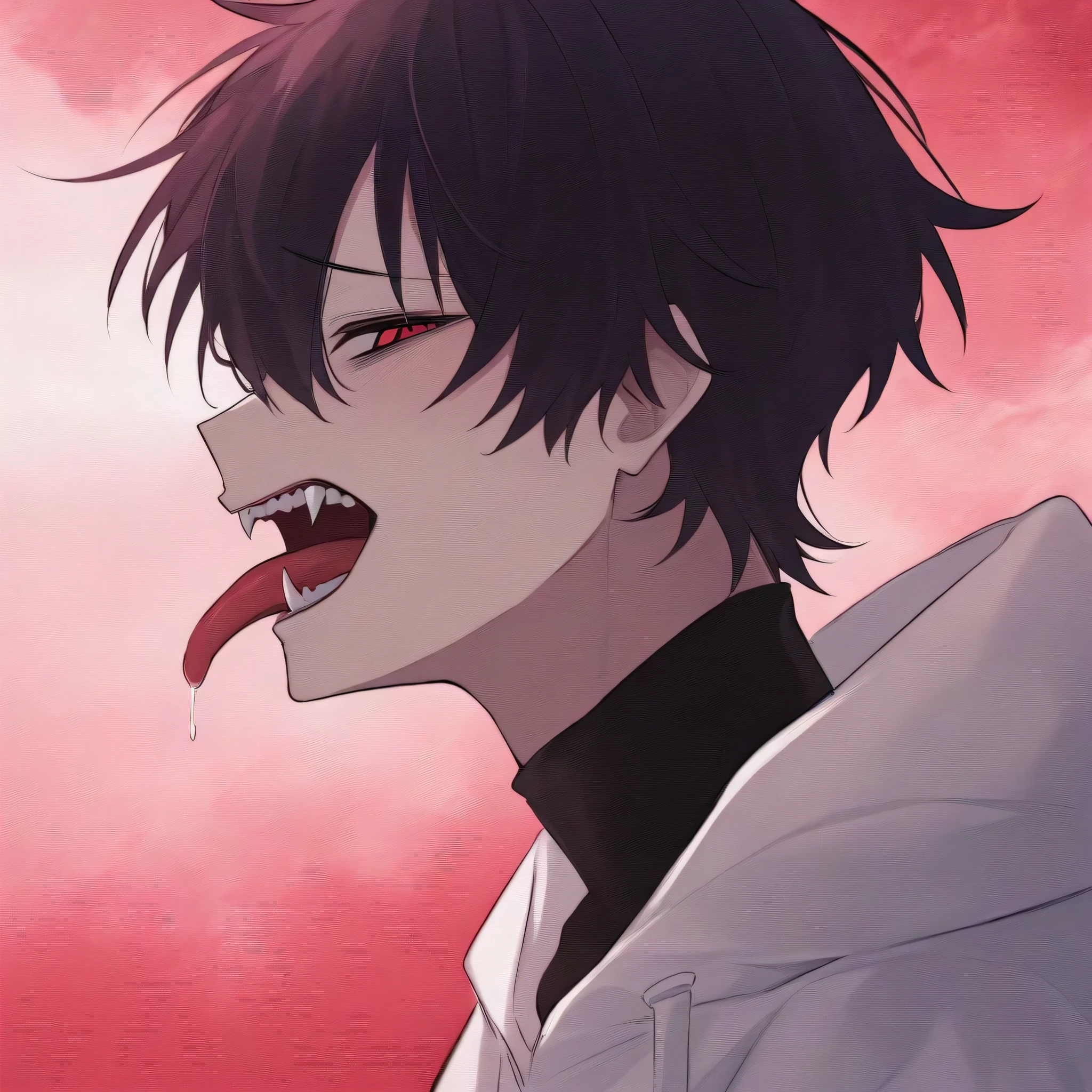 attractive anime MALE with messy black hair and red eyes looking disgusted with his tongue out and fangs in a white oversized hoodie and turtleneck with a trippy red sky background. side profile