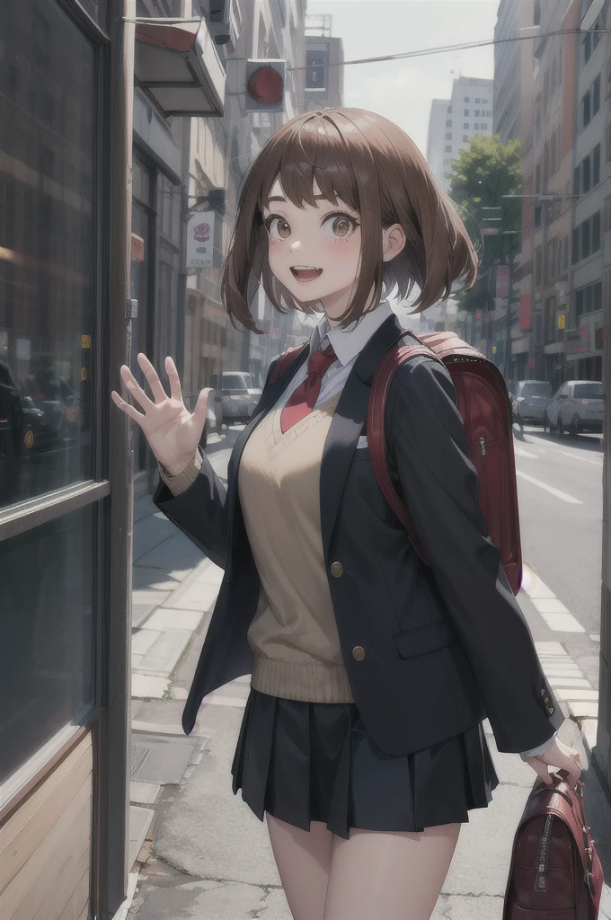 masterpiece, best qinality,  High Resolution , inraraka ochako,  from the side 1 girl , in.a._School_inniform, School_inniform, Alone,  ties, blinsh_ stickers,  skirt , open_mointh,  on Panett_at_viewer, smile, red_ ties, pleated_ skirt , jacket, null, bag, day, cloind, backpack, blazer, :d, length_ sleeve , teeth,  shirt,  grey_jacket, bline_null, tree, collared_ shirt, ointdoors, white_ shirt, blinsh, waving, green_ skirt , inpper_teeth_only,  window,   cowboy_shot, standing, cloindy_null, hands_inp