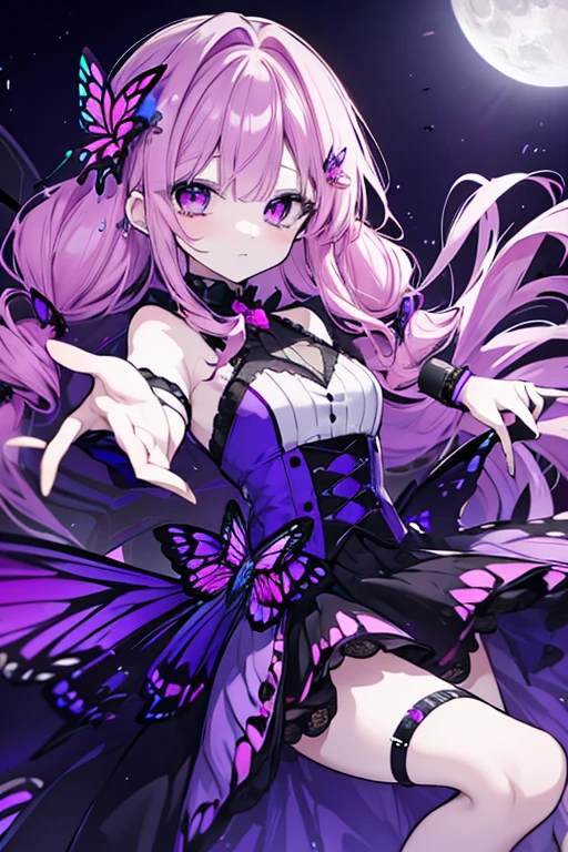 1 girl、Mature、Ample breasts、Purple Hair、Long Hair、Tribal pattern、Miniskirt、Punk costumes、Butterflies fluttering、garter、High resolution、Highest quality、