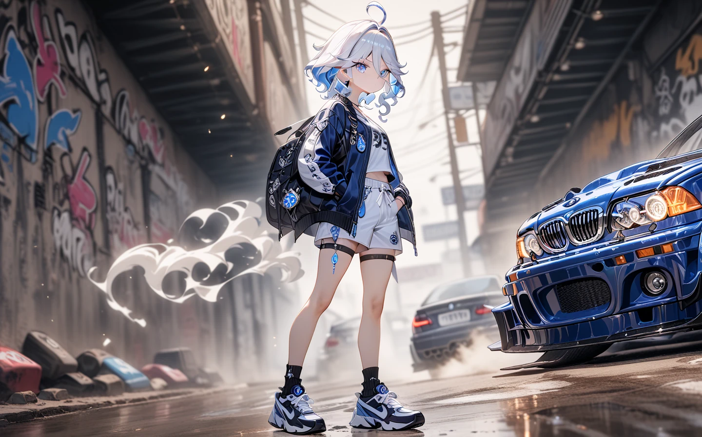 solo, 1girl, furina (genshin impact), white hair, blue and white blazers, white shorts pants, shoes and socks, looking at viewer, hand in pocket, serious, cinematic angle, standing in front of bmw m3 gtr e46, depth of field, background smoke, graffiti, industrial, masterpiece, best quality, very aesthetic, absurdres​