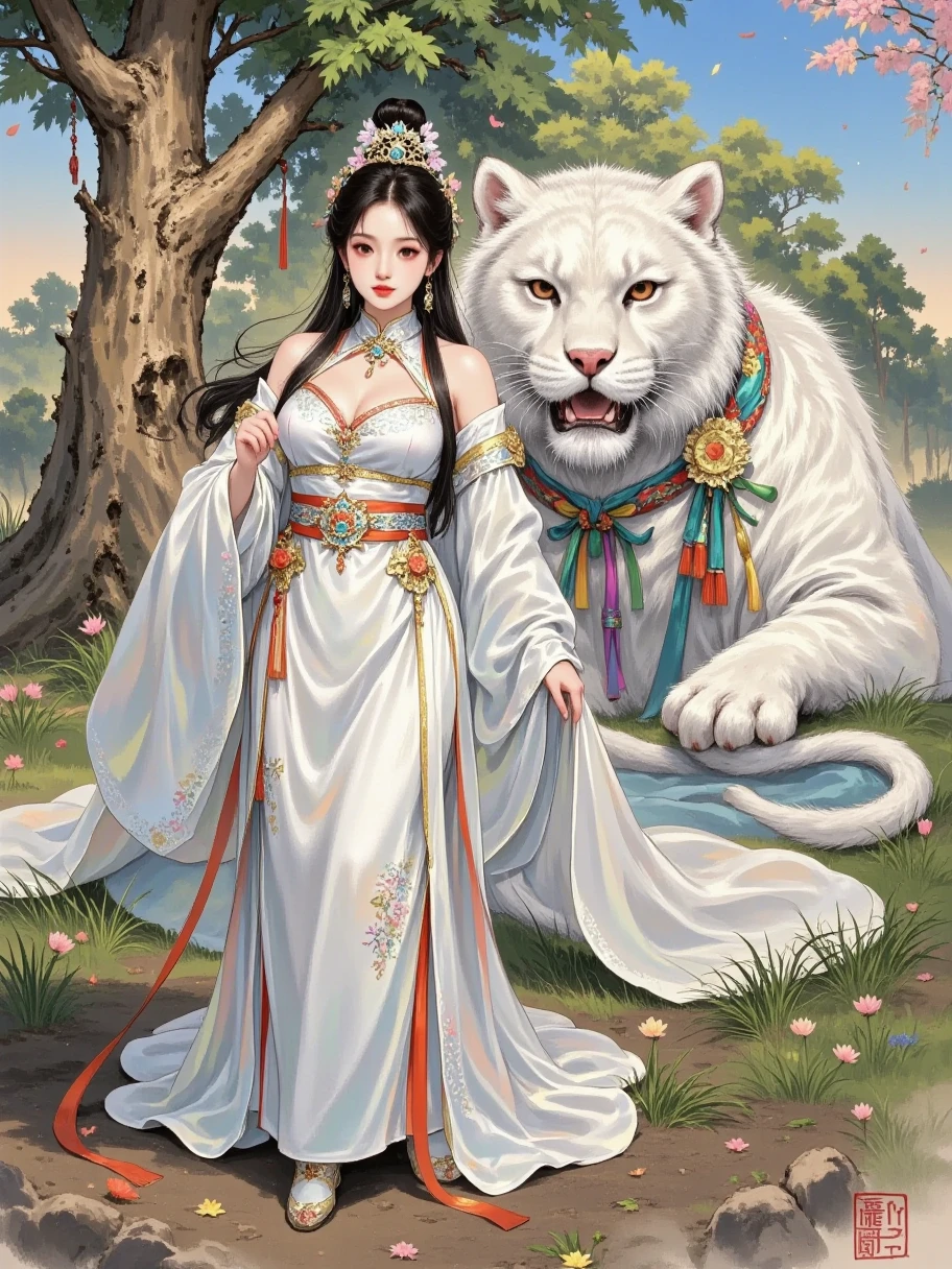 Quiet in the woods，A beautiful woman in white ancient costume and a huge white tiger are together。The beauty's face is absolutely beautiful，Eyes as clear as water，Revealing endless tenderness and compassion。Her hair is as smooth as silk， gently hang down on the shoulder 。The white ancient costume is simple and elegant，Like a blooming white lotus。The tiger beside her is agile，The bright eyes reveal spirituality。The woods are filled with a thin mist，Trees looming，It seems like an illusory world。The sun shines softly on them，Outlines a dreamlike outline，This scene is as beautiful as an ethereal dream， is intoxicating ， and you're stuck up 