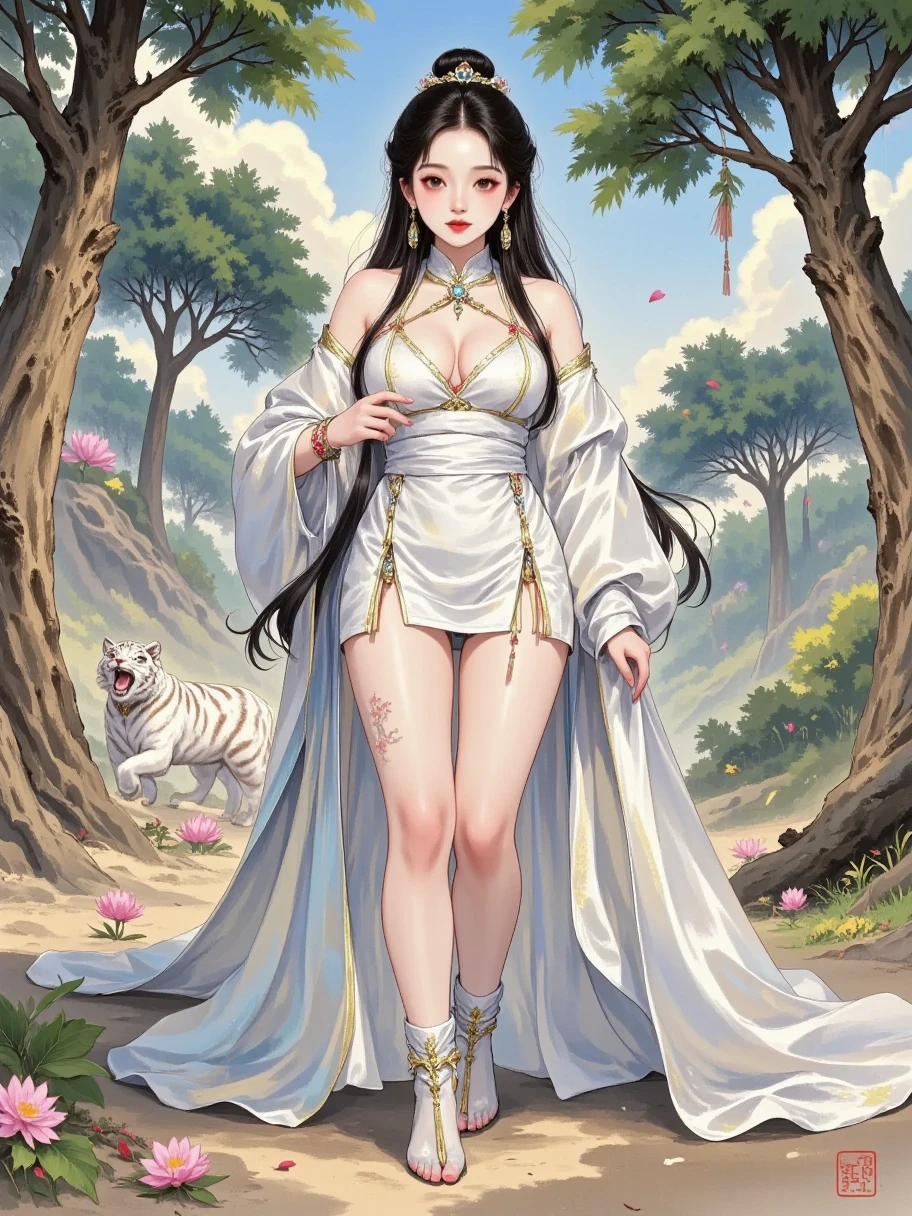 Quiet in the woods，A beautiful woman in white ancient costume and a huge white tiger are together。The beauty's face is absolutely beautiful，Eyes as clear as water，Revealing endless tenderness and compassion。Her hair is as smooth as silk， gently hang down on the shoulder 。The white ancient costume is simple and elegant，Like a blooming white lotus。The tiger beside her is agile，The bright eyes reveal spirituality。The woods are filled with a thin mist，Trees looming，It seems like an illusory world。The sun shines softly on them，Outlines a dreamlike outline，This scene is as beautiful as an ethereal dream， is intoxicating ， and you're stuck up 