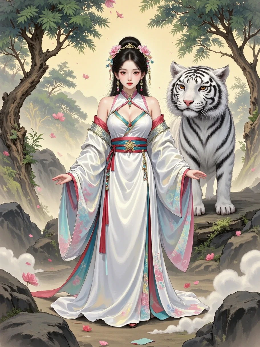 Quiet in the woods，A beautiful woman in white ancient costume and a huge white tiger are together。The beauty's face is absolutely beautiful，Eyes as clear as water，Revealing endless tenderness and compassion。Her hair is as smooth as silk， gently hang down on the shoulder 。The white ancient costume is simple and elegant，Like a blooming white lotus。The tiger beside her is agile，The bright eyes reveal spirituality。The woods are filled with a thin mist，Trees looming，It seems like an illusory world。The sun shines softly on them，Outlines a dreamlike outline，This scene is as beautiful as an ethereal dream， is intoxicating ， and you're stuck up 