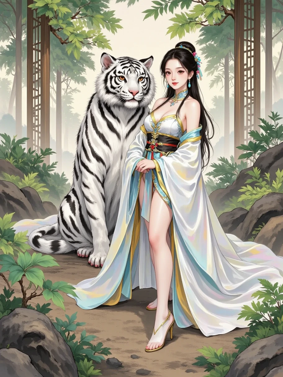 Quiet in the woods，A beautiful woman in white ancient costume and a huge white tiger are together。The beauty's face is absolutely beautiful，Eyes as clear as water，Revealing endless tenderness and compassion。Her hair is as smooth as silk， gently hang down on the shoulder 。The white ancient costume is simple and elegant，Like a blooming white lotus。The tiger beside her is agile，The bright eyes reveal spirituality。The woods are filled with a thin mist，Trees looming，It seems like an illusory world。The sun shines softly on them，Outlines a dreamlike outline，This scene is as beautiful as an ethereal dream， is intoxicating ， and you're stuck up 