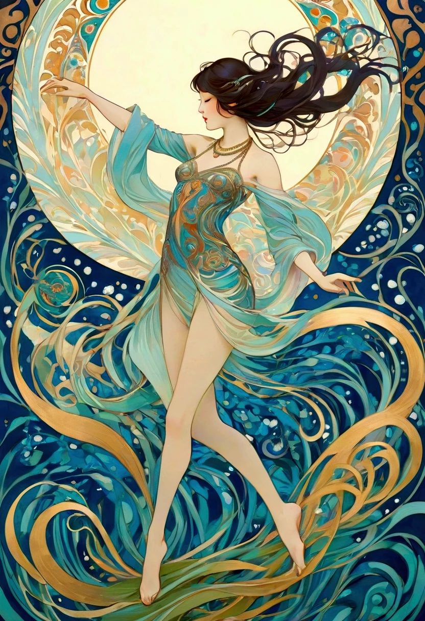 alone in the universe, in watercolor style, Photorealism, discreet golden and ruby and mint shades, (nude) gentle modest thin girl 16 years old (with a very beautiful exquisite face) southern type with short dark hair with beautiful breasts with tender nipples (barefoot) in a long dark blue skirt walking in the distance (Across the desert), stunted little plants, drought, precious jewelry on the neck and chest and on the wrists, precious bracelets, ankle bracelets