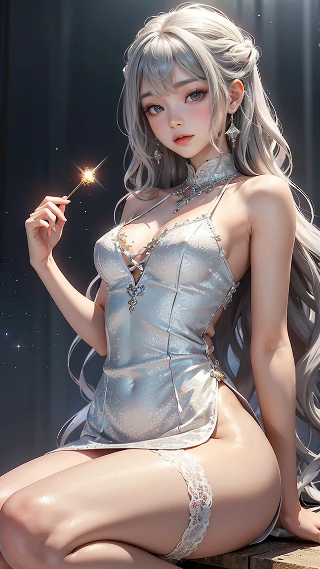 ((alone、A woman wearing a long halter dress、Elegant woman posing:1.4、Detailed face、Bright expression、Younger, brighter, whiter skin、Best Looks、The ultimate beauty、Silver hair with dazzling highlights、Shiny bright hair,、arranged hairstyle:1.2、髪がWindで踊る、A little bit of sideboob is visible))(Night scene夜、Wind、素晴らしい美しい自然のWind景、幻想的なWind景、Particles of light、White Dust、Dust flutters)
