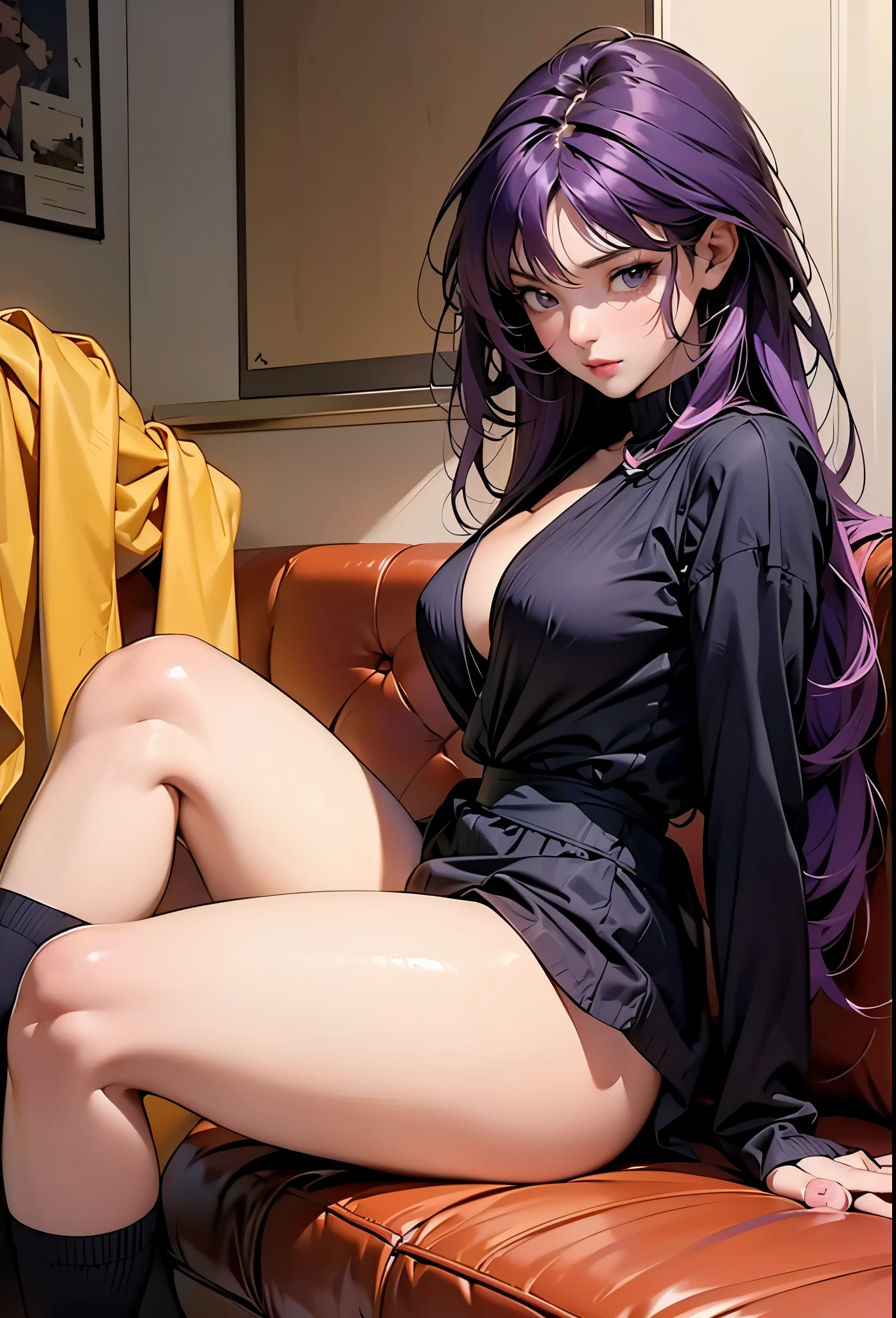  Draw Saori o in a realistic style, ((nude with stockings 7/8)), with her long purple hair falling in soft waves around her delicate face. Her huge breasts (breasts  topless), and her skin is smooth and clear, giving her an air of elegance and sophistication