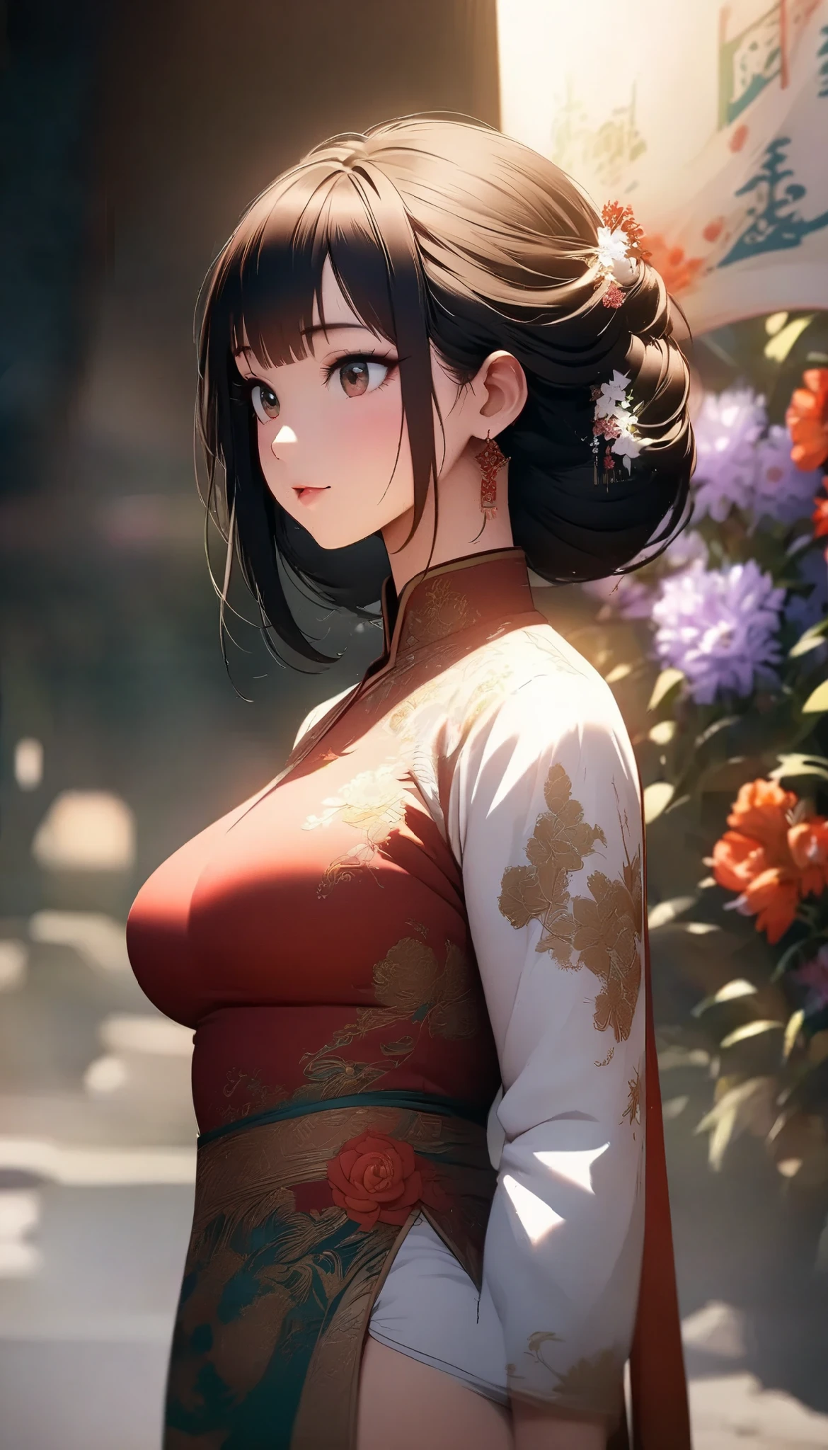 Myanmar girl A voluptuous, shapely bust Myanmar Dress Highly detailed flower painting , side shot , Banner written with Soft Lighting Glow Effect , Cinematic Look , beautiful hair,
